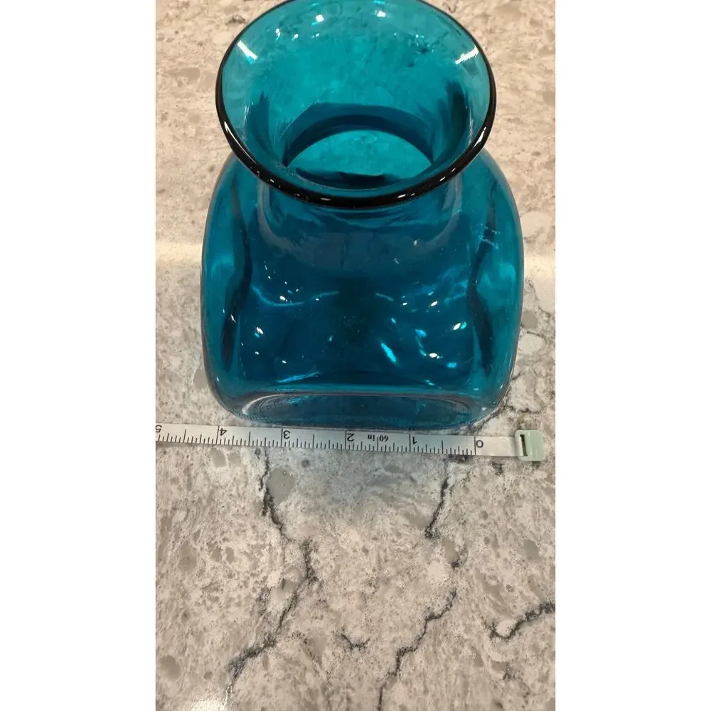 Vintage Unique Hand Crafted Glass Vase Aqua Teal Dimple Pinched 5